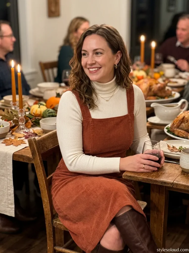 Terracotta Corduroy Midi Pinafore Dress Layered over an Ivory Fitted Ribbed Turtleneck