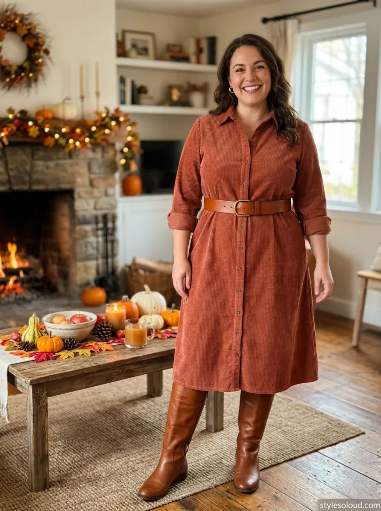 Terracotta Corduroy Midi Shirt Dress with a Structured Leather Belt & Leather Boots