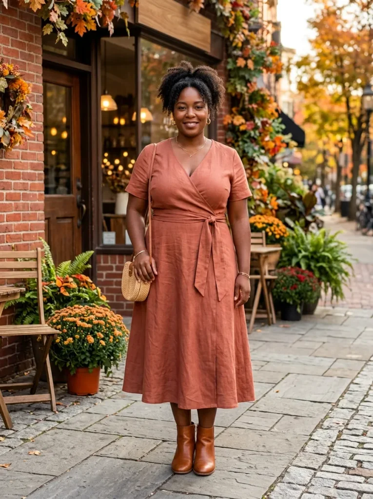 A Wrap Dress in Muted Terracotta That Defines Your Waist