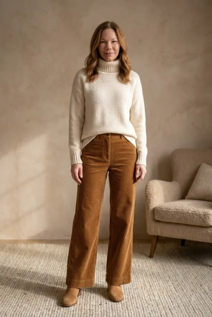 Texture — brown corduroy trousers, cream knit Winter Outfits for women over 40