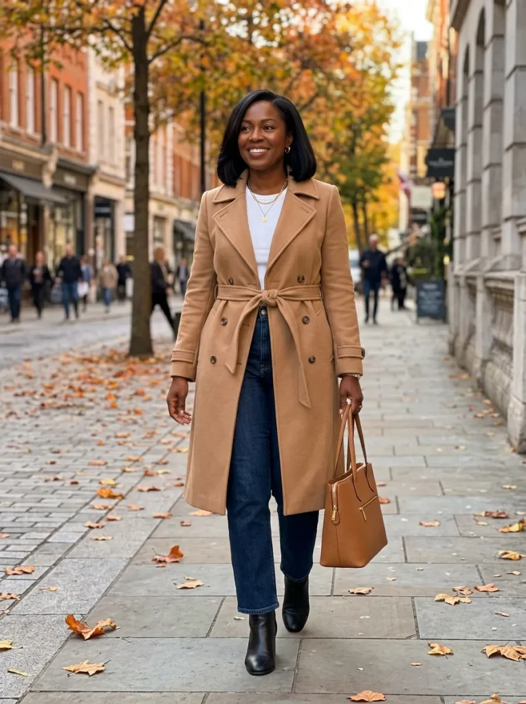 The Classic Camel Trench & Straight-Leg Denim
