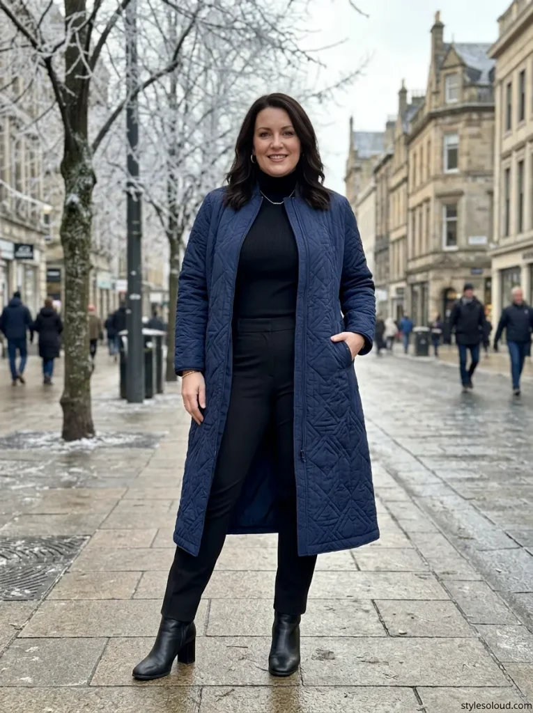  The Quilted Longline Coat over casual attire