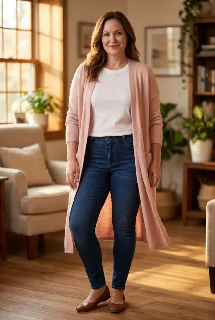 Third piece finishing an outfit — soft blush cardigan