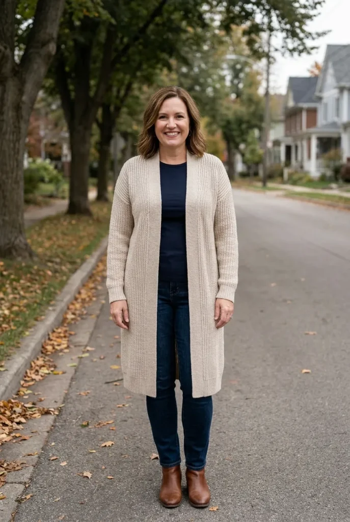 Third piece hanging open — oatmeal beige cardigan