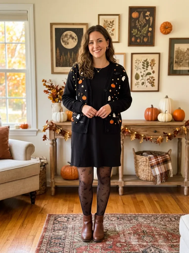 A Thrifted Cardigan Covered in Spooky Charms
