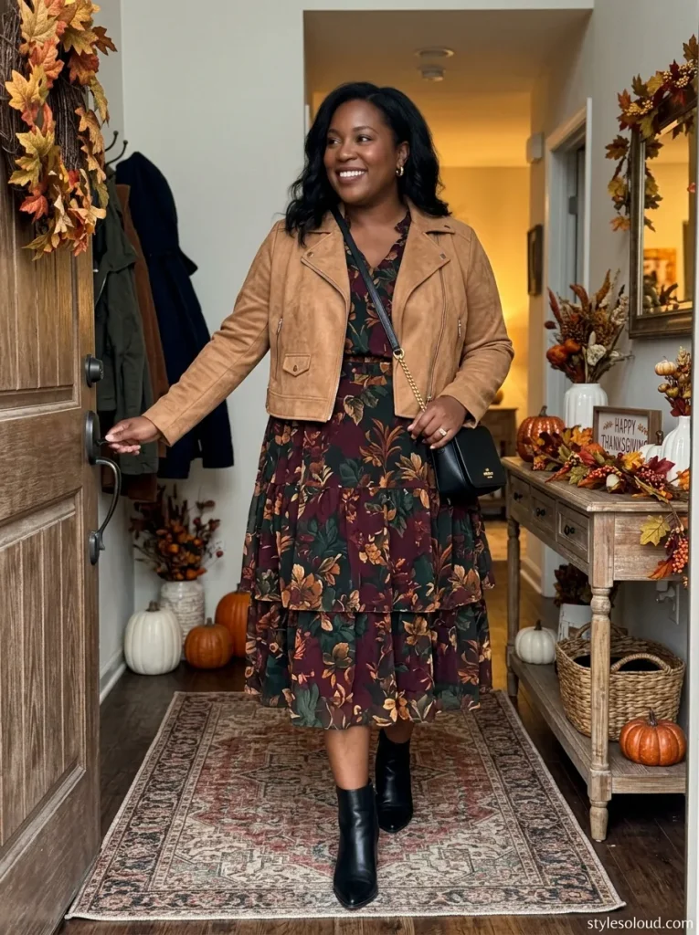 Tiered Moody Floral Chiffon Midi Dress with a Cropped Suede Moto Jacket