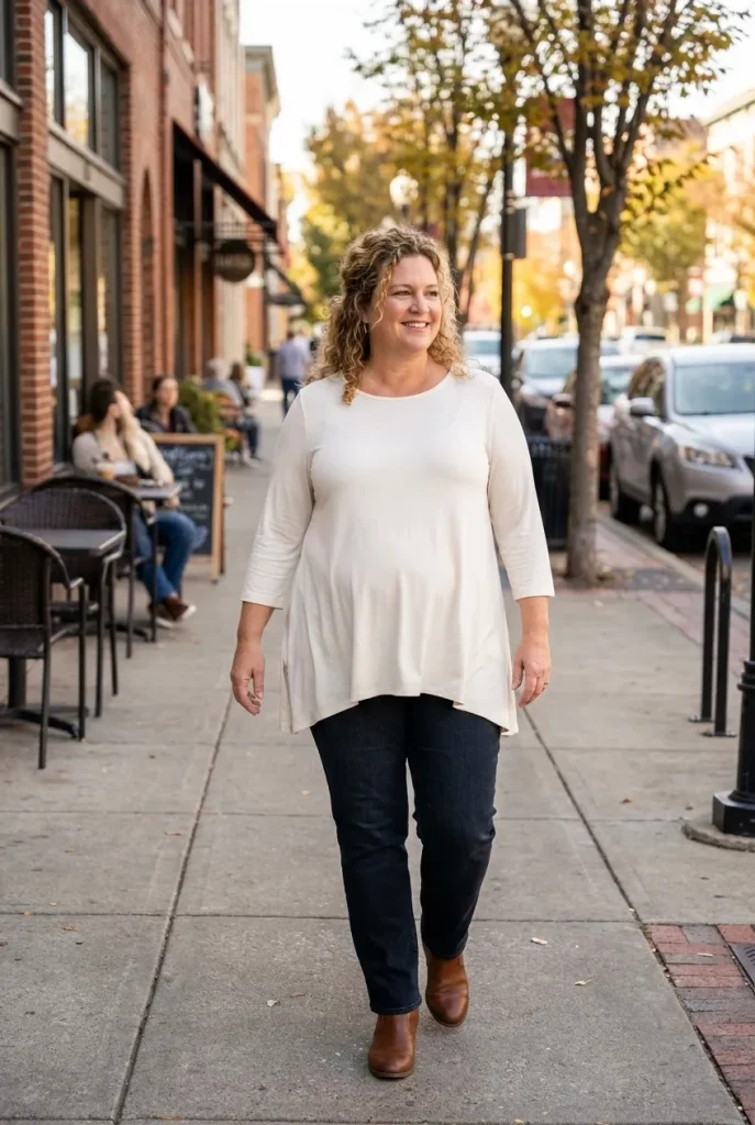 Untucked Ivory Top — Dark Jeans
