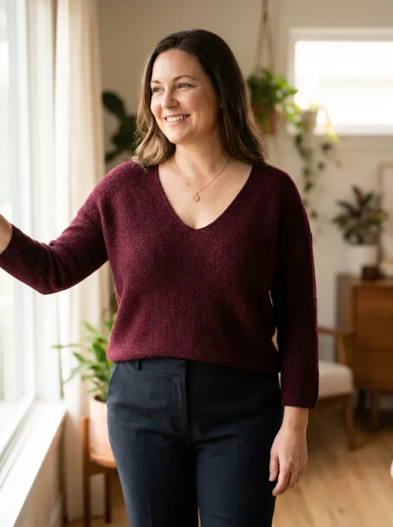 V-neck to open the neckline — deep burgundy 