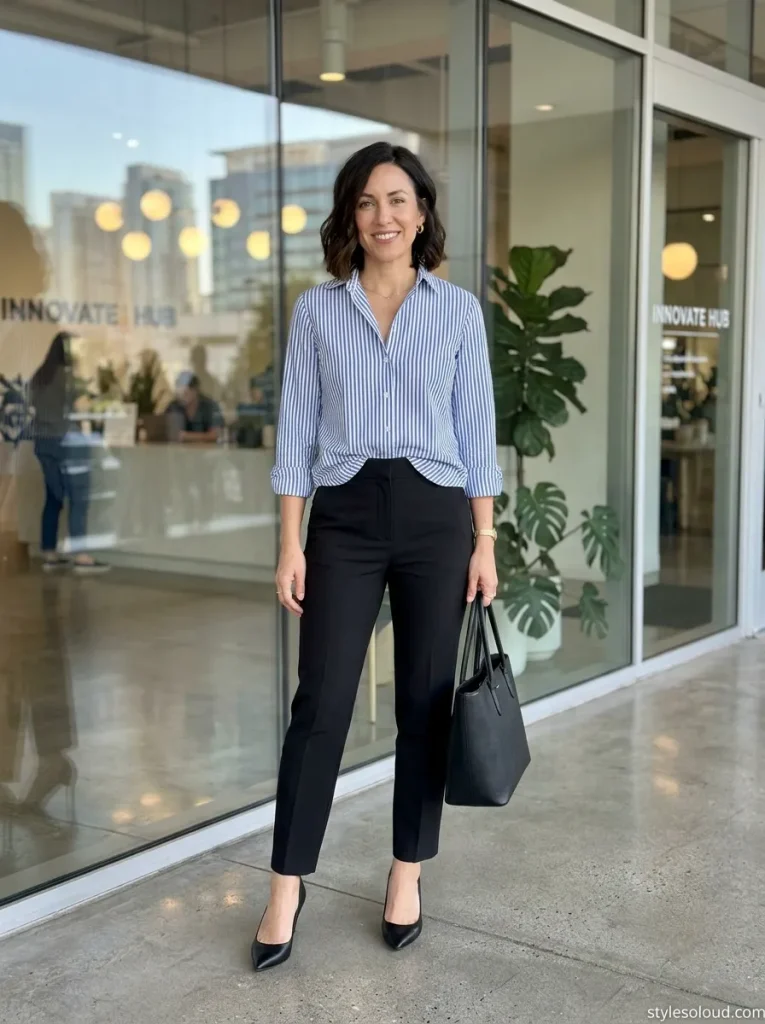 Vertical Striped Poplin Button-Down & Tailored Cigarette Pants