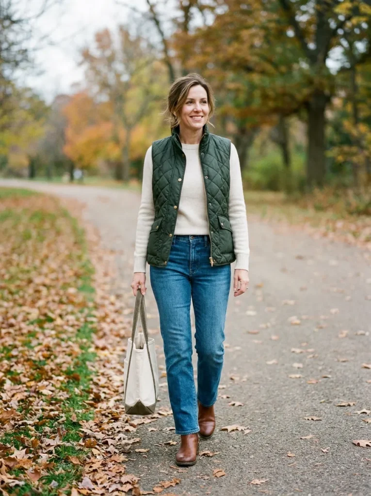 Vest or gilet — quilted dark green over a knit Winter Outfits for women over 40