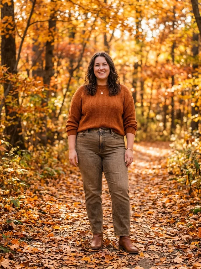 Warm-Wash Denim With a Rust or Pumpkin Top