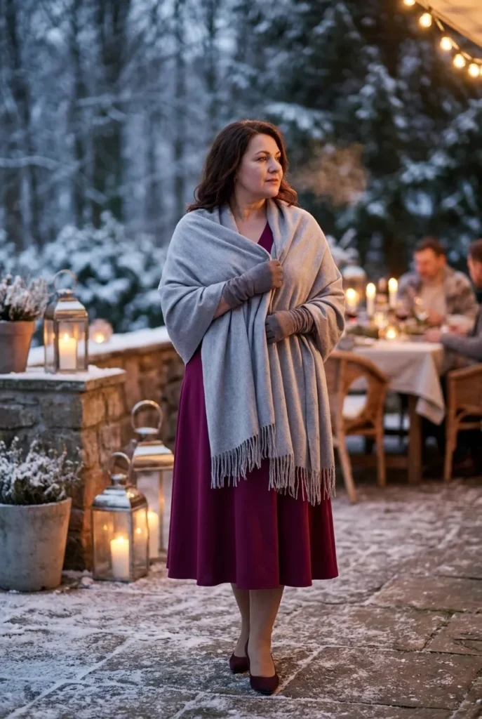 Warm wrap or pashmina — soft dove grey wrap over a berry dress