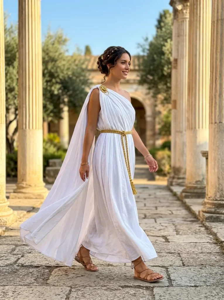 A White and Gold Draped Toga Style