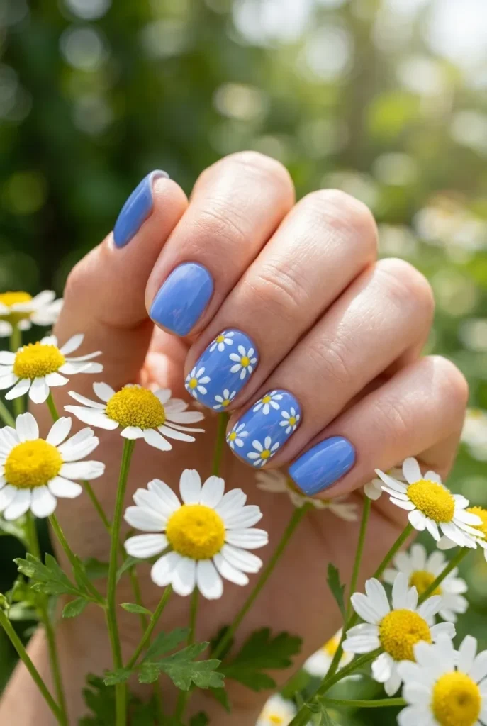 White daisies on blue Nails art