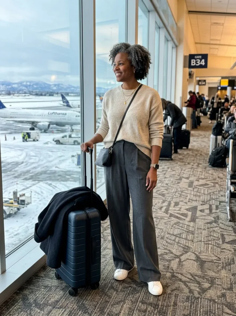 Wide-Leg Trousers With a Tucked Knit for Long Flights