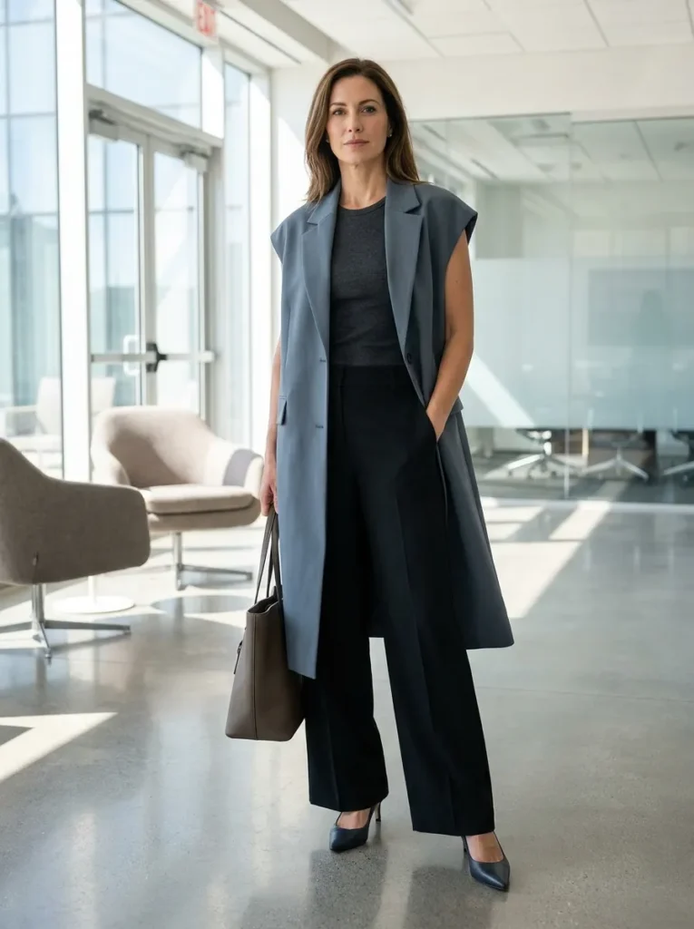  Wide-leg trousers for work — slate blue-grey vest coat 