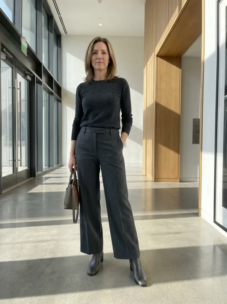 Wide-leg trousers with ankle boots — charcoal grey Winter Outfits for women over 40