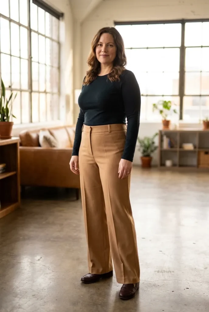 Wide-leg trousers with fitted tuck — camel tan