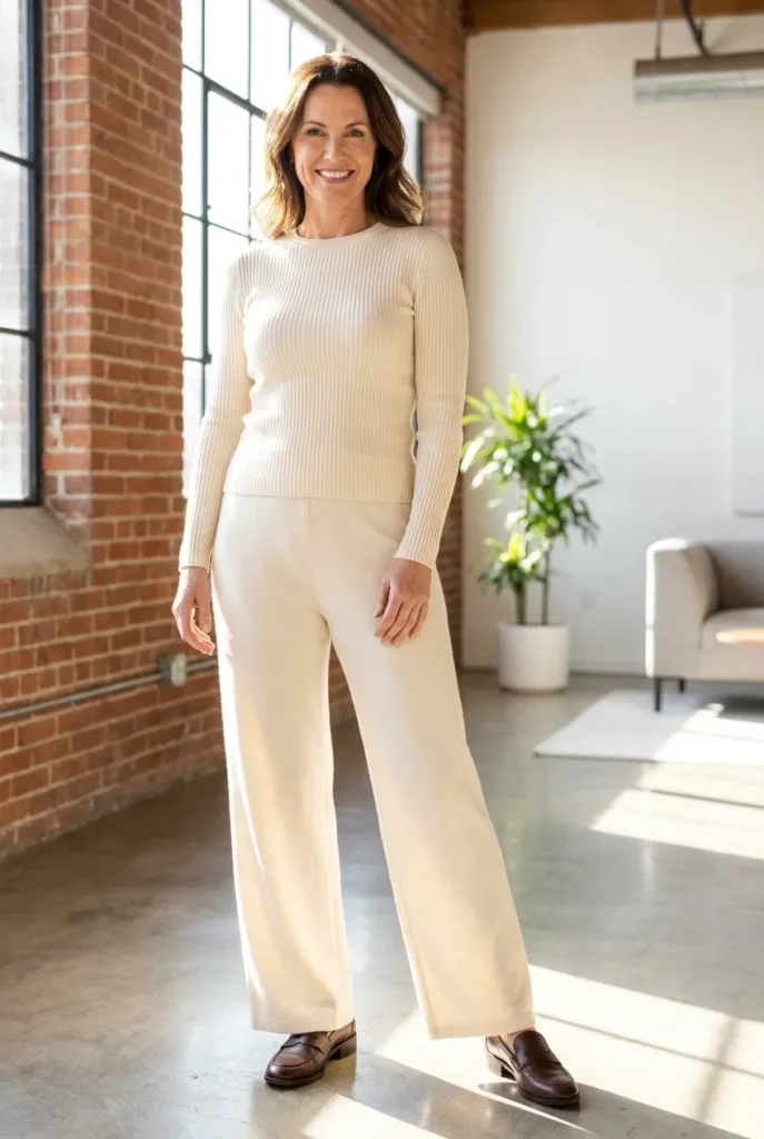 Wider-leg pants to even the frame — soft cream