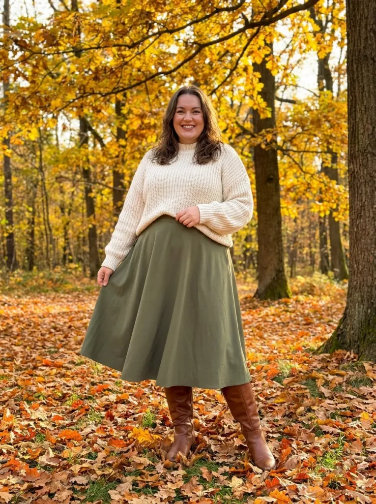 A-line midi skirt with tall boots