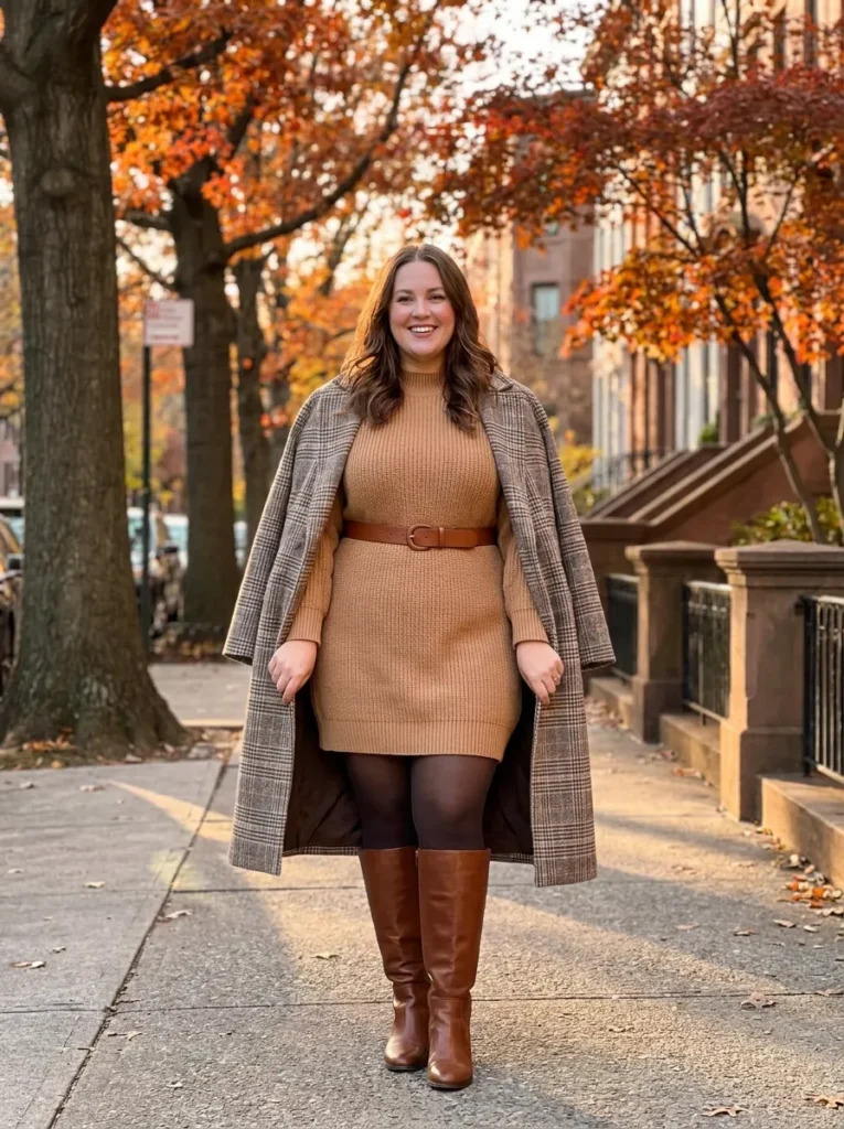 A Sweater Dress With a Long Coat for Colder Days