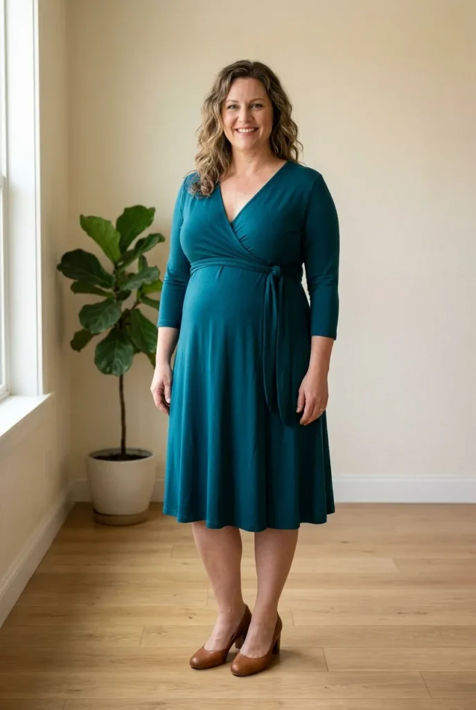  Wrap dress tied above the tummy — teal blue