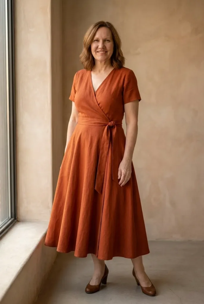 Wrap dress tied at the waist — rust orange