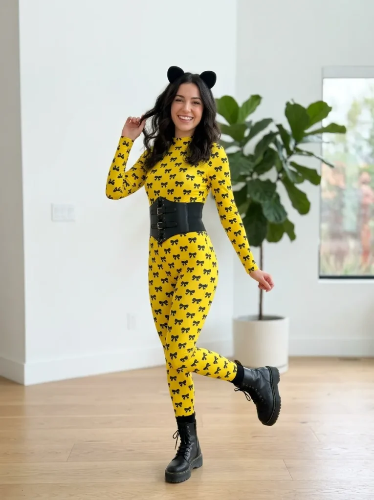 The Yellow-and-Black Bow-Print Catsuit