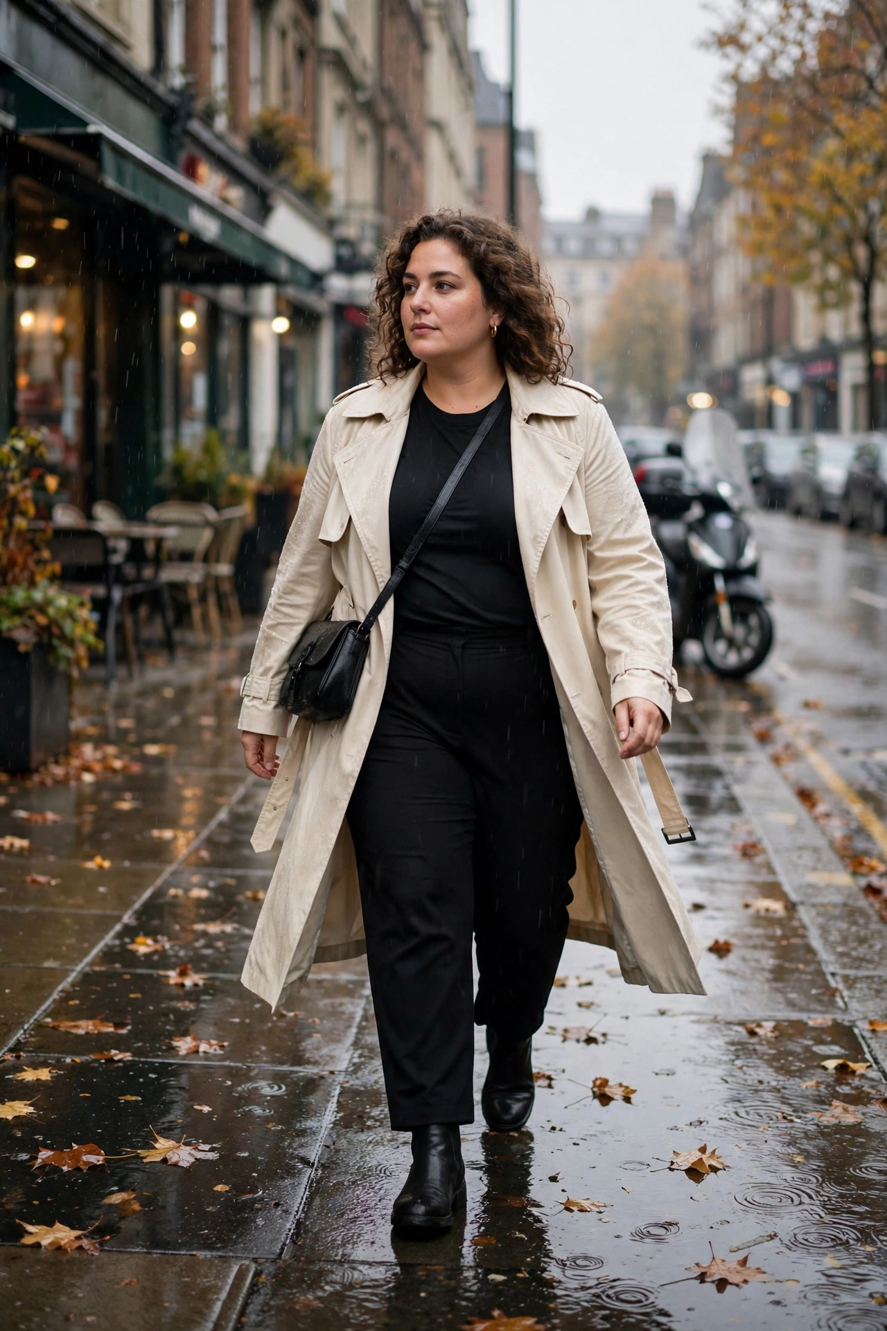 Plus size rainy day outfit: cream trench coat over black top and black trousers