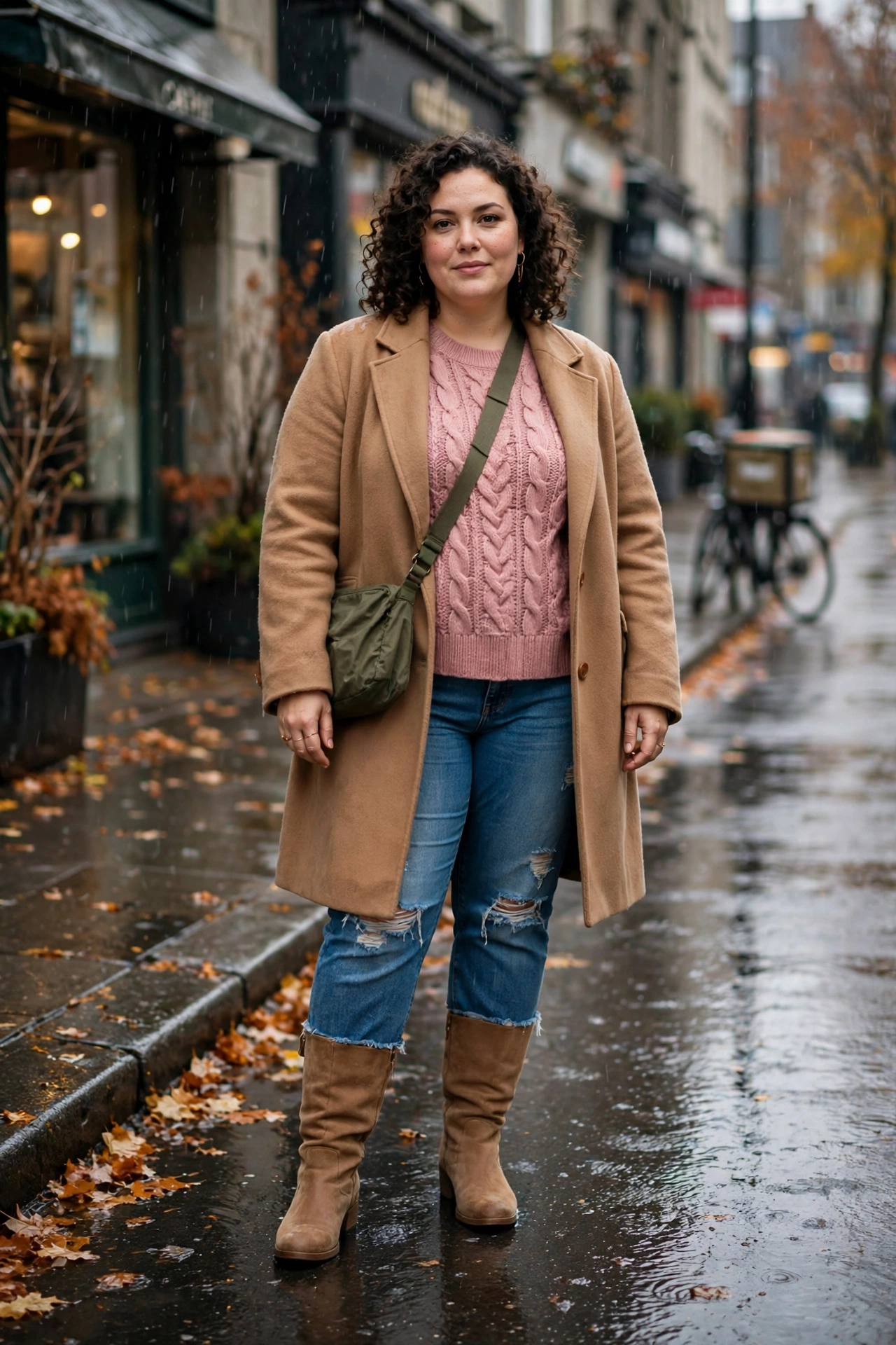 Plus size rainy day outfit: dusty pink knit sweater with ripped jeans, camel coat and tan knee boots