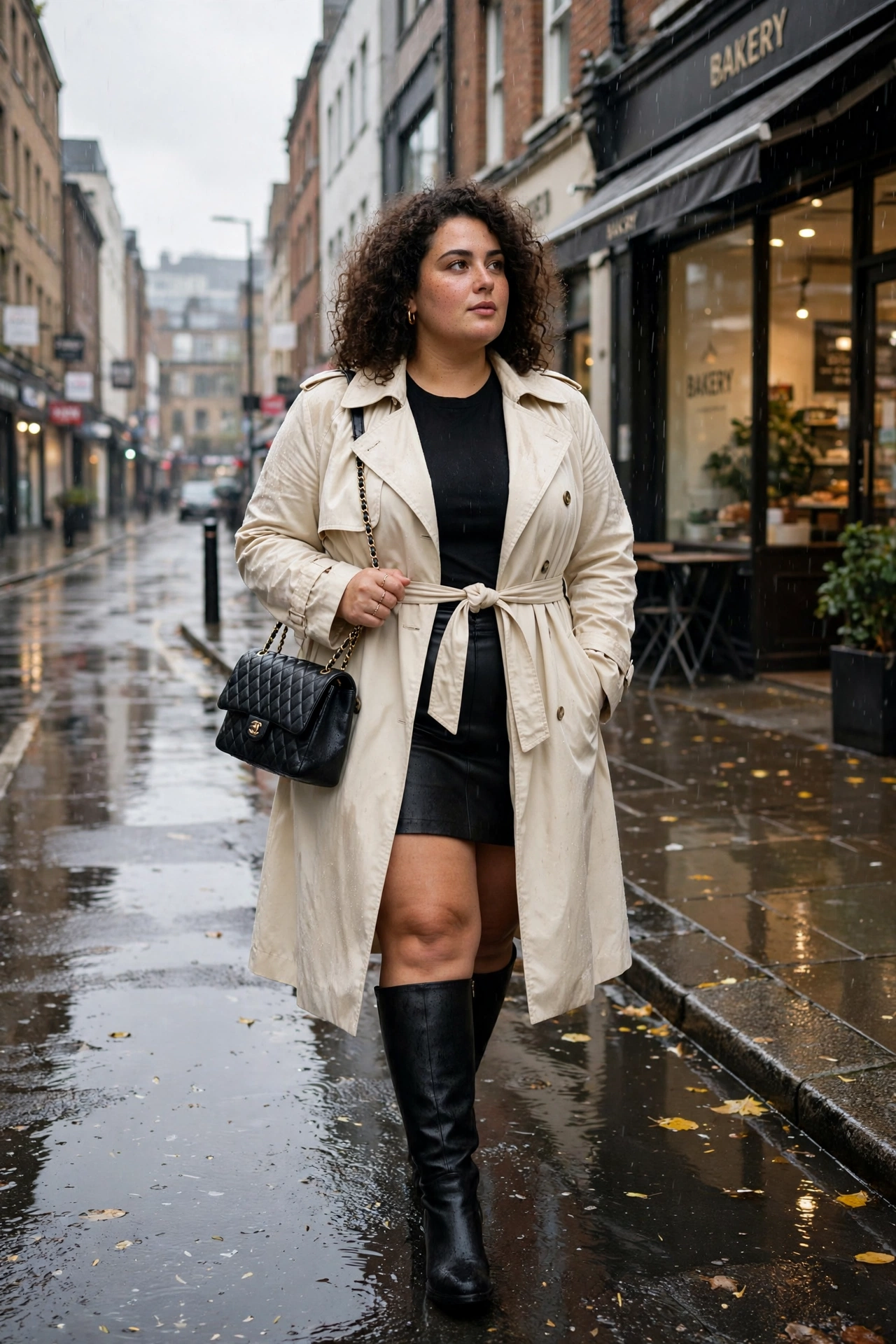 Plus size rainy day outfit: cream trench coat over black top with black mini skirt and black knee boots