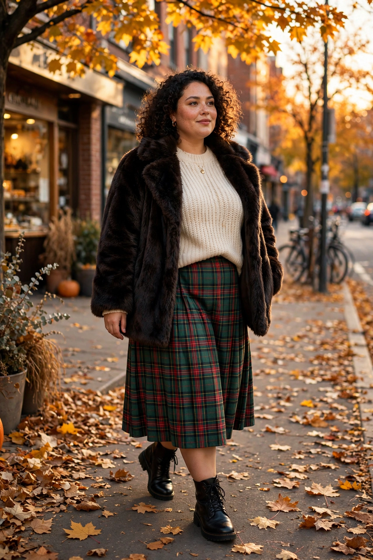 Plus size rainy day outfit: cream sweater with green and red plaid midi skirt, dark faux-fur coat and black boots