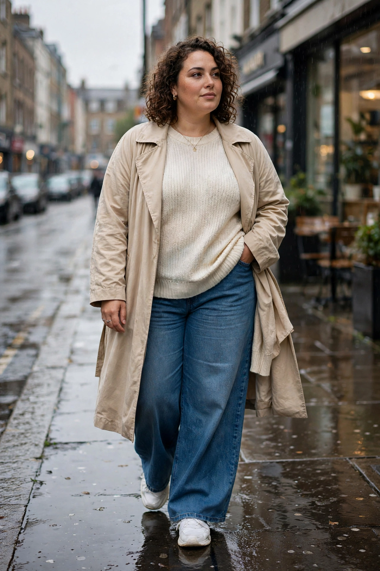 Plus size rainy day outfit: beige trench coat with cream knit sweater and wide-leg blue jeans, white sneakers