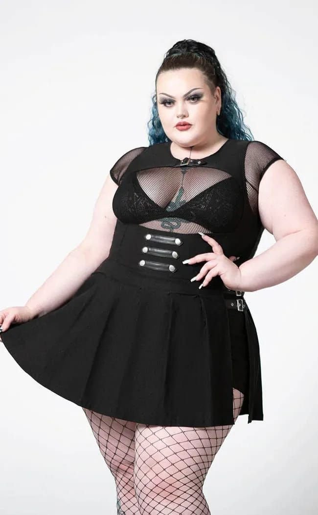 Plus size alt outfit: black mesh skater dress