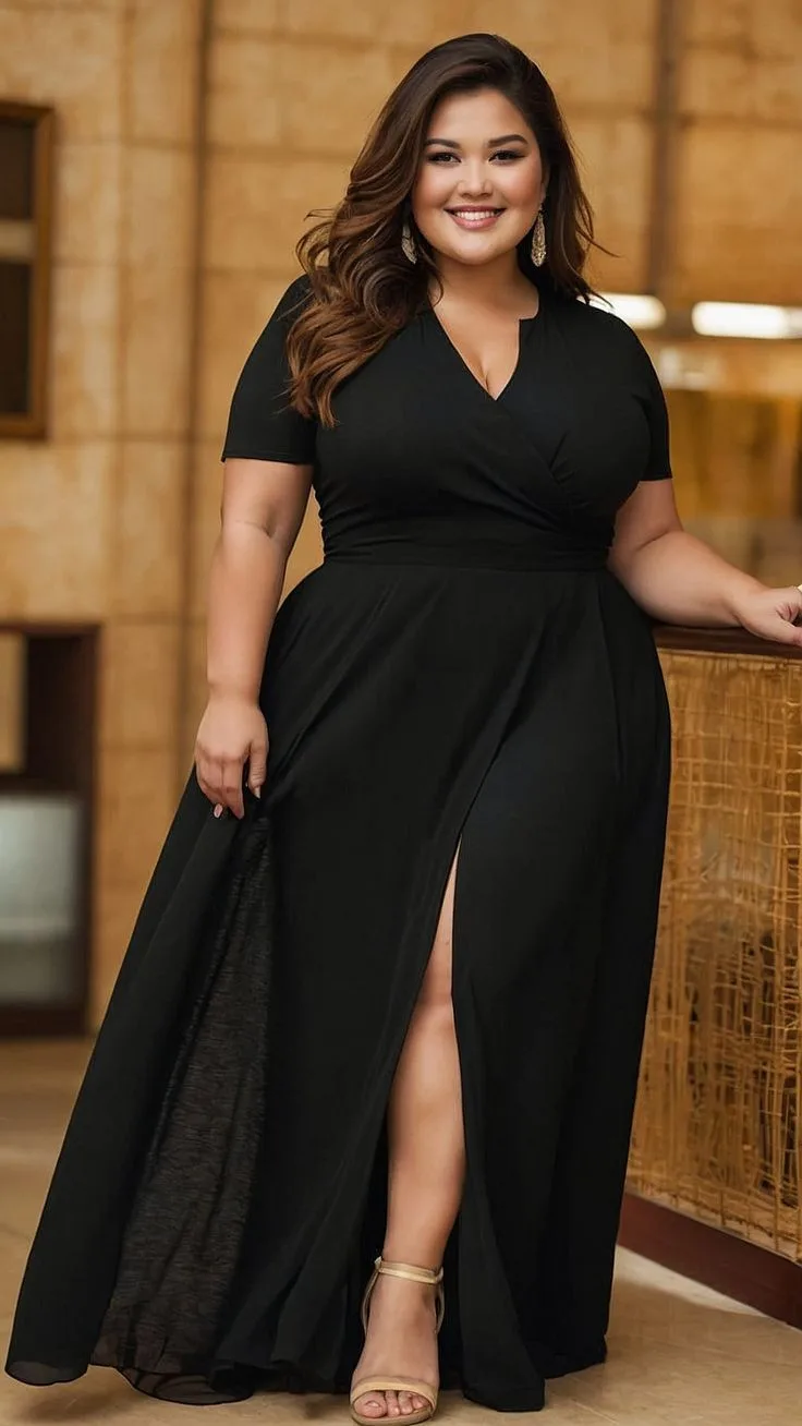 Plus size black dress outfit: wrap maxi dress with slit
