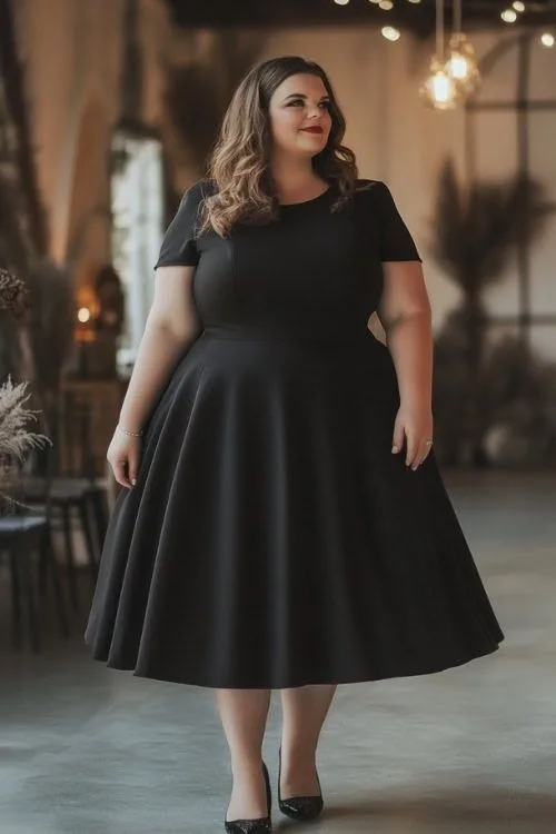 Plus size black dress outfit: fit and flare skater dress