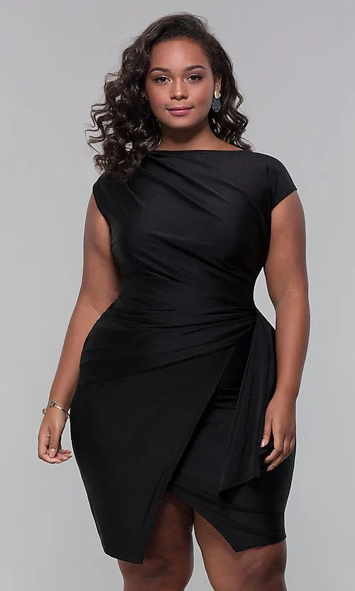 Plus size black dress outfit: draped asymmetric cocktail dress