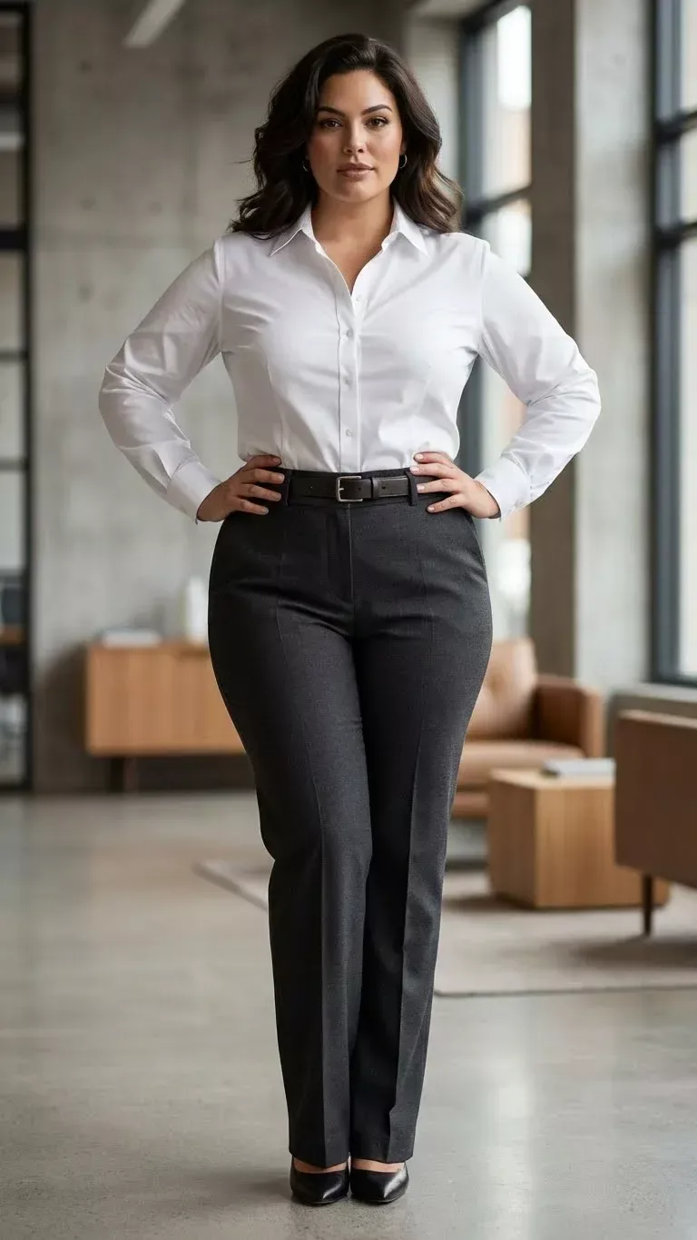 Best for big bust: white shirt and black trousers