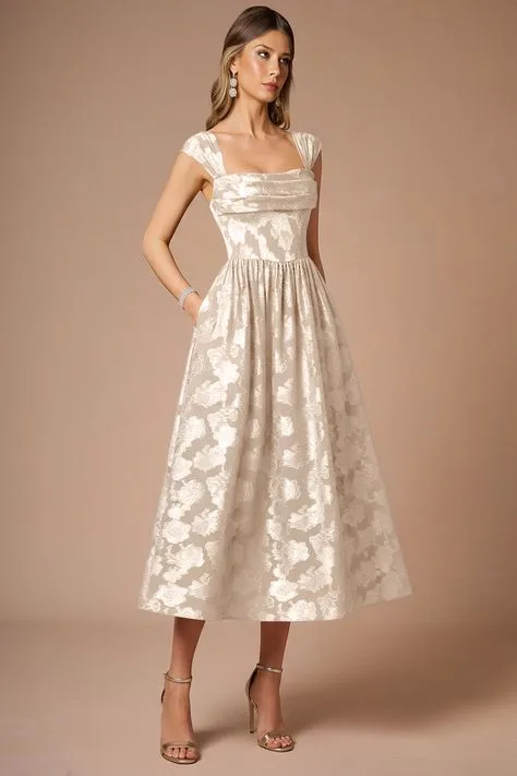 Ivory floral print fit and flare midi dress