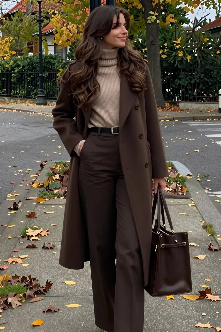 Woman in a long chocolate brown coat over a cream turtleneck with brown trousers on a leafy fall street
