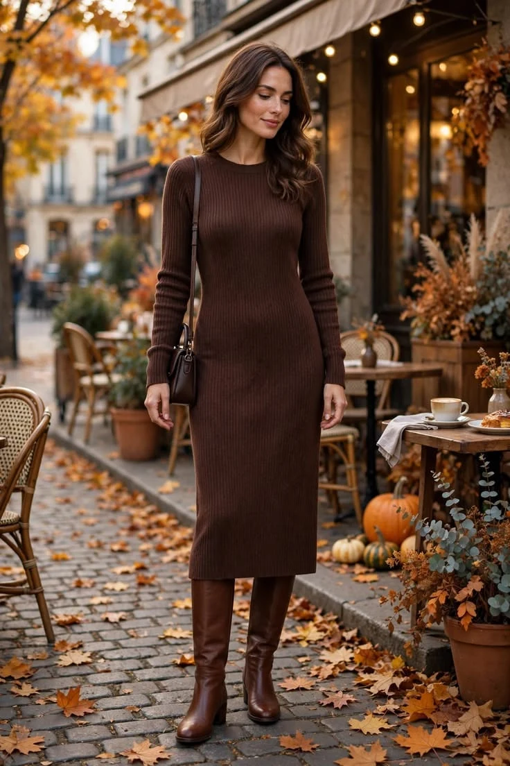Woman in a chocolate brown ribbed knit midi dress with tall brown boots outside a fall cafe
