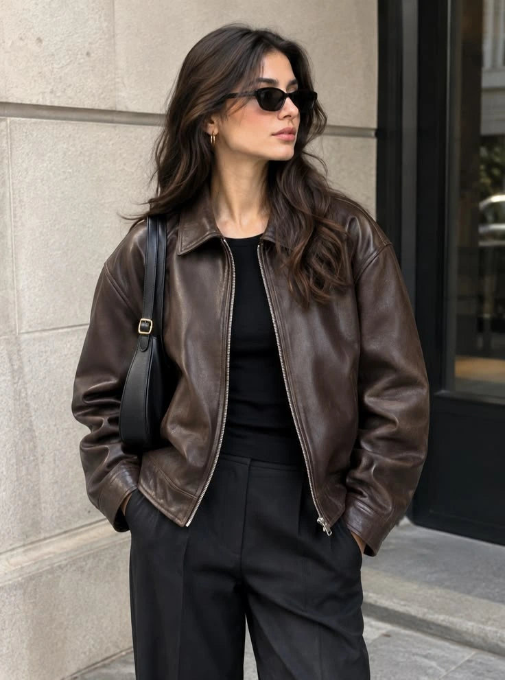 Woman in a chocolate brown leather jacket over a black top with black trousers