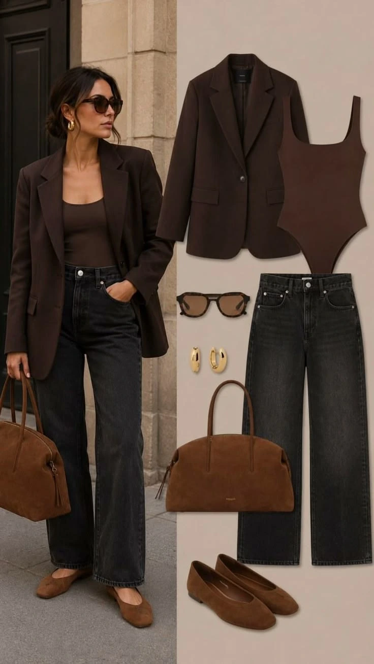 Woman in a chocolate brown blazer with dark jeans, shown worn and as a flat lay