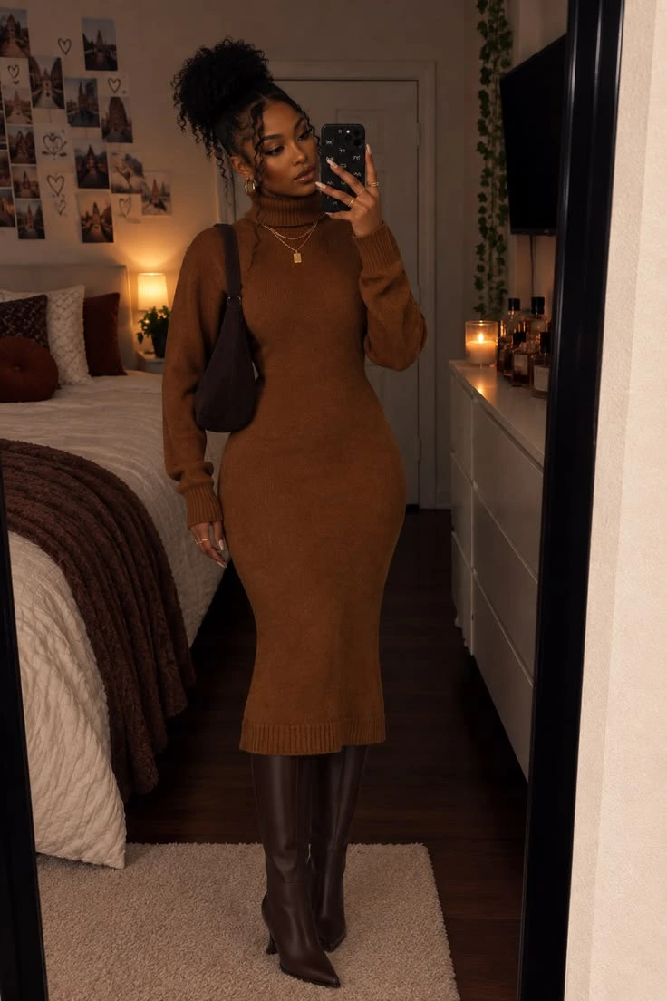 Woman in a chocolate brown sweater dress with knee high boots in a mirror selfie at home