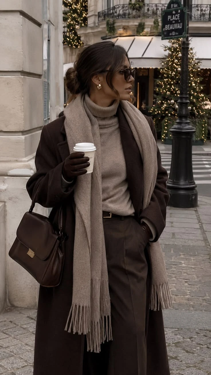 Woman in a chocolate brown wool coat with a beige scarf and brown trousers holding a coffee