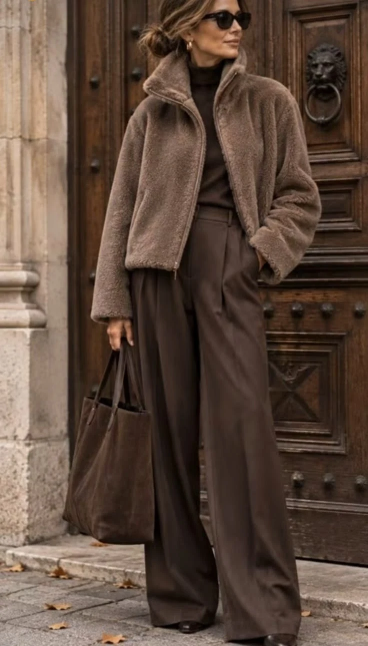 Woman in a chocolate brown teddy jacket with matching brown trousers by a wooden door