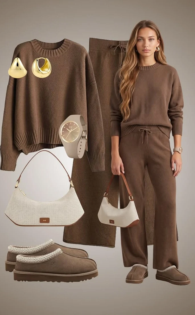Woman in a chocolate brown ribbed knit set with a long cardigan, shown as a flat lay and worn