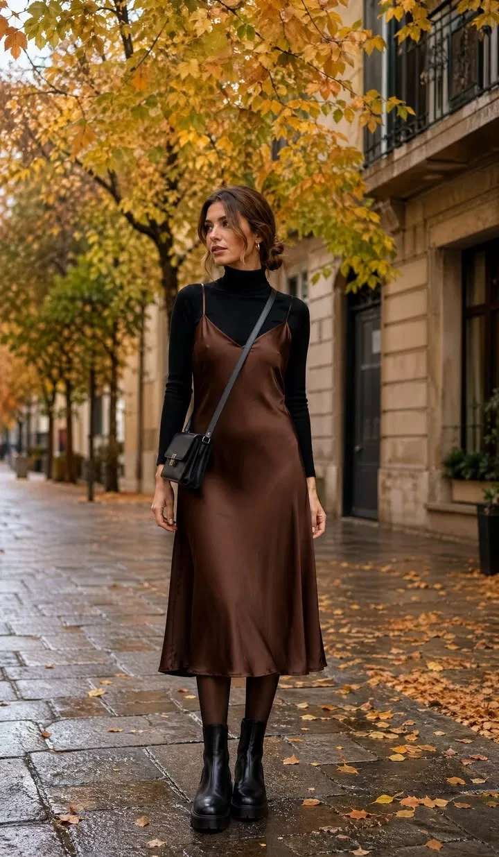Woman in a chocolate brown satin slip dress layered over a black turtleneck with black boots on a leafy street