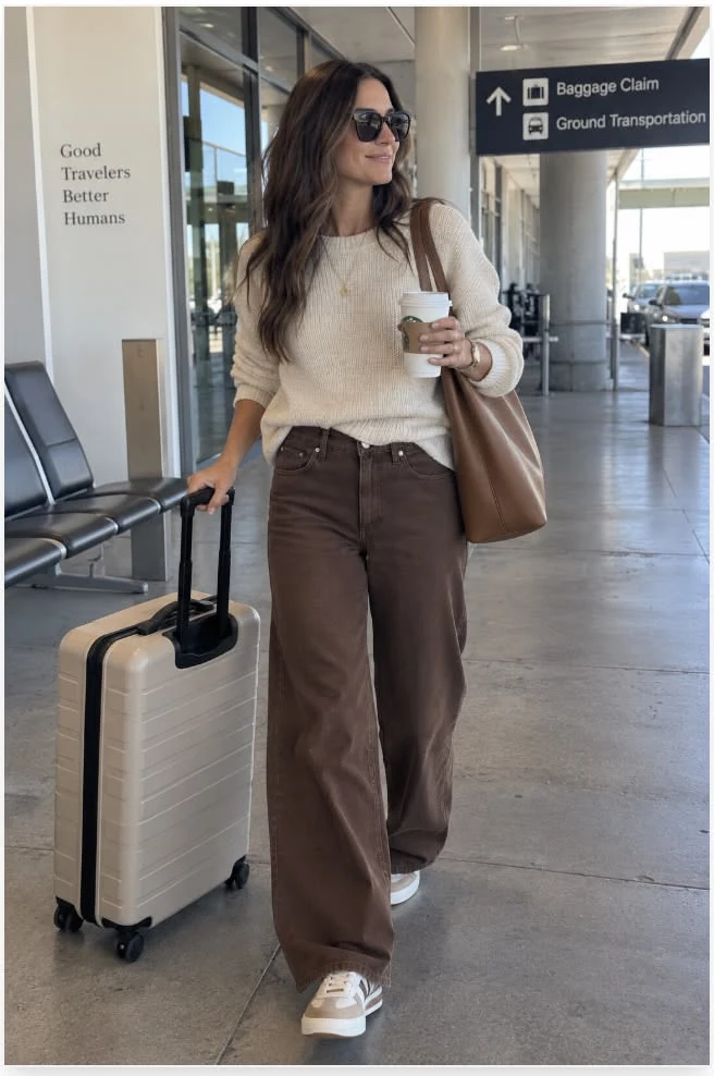 Woman in chocolate brown wide leg jeans with a cream sweater walking through an airport with a suitcase