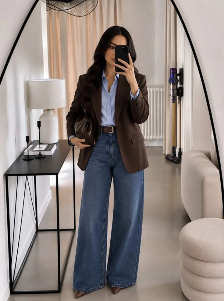 Woman in an oversized chocolate brown blazer with a light blue shirt and wide leg jeans in a mirror selfie